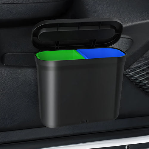 Black 1.7L PP plastic car trash can suspended on centre console with lid open, interior visible