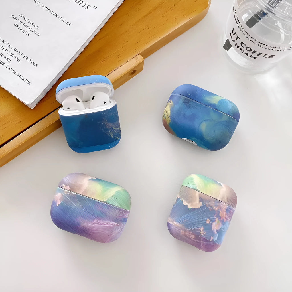 Pink and blue watercolour plastic hard shell protective cases for Apple AirPods Pro and AirPods 1 2.