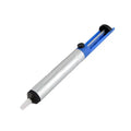 Blue manual solder sucker tool for desoldering electronics on a workbench