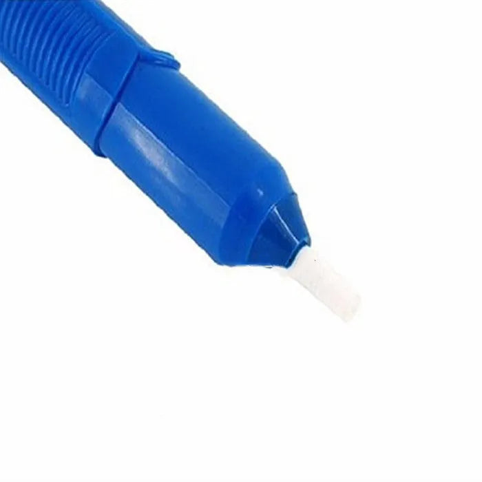 Blue manual solder sucker tool for desoldering electronics on a workbench
