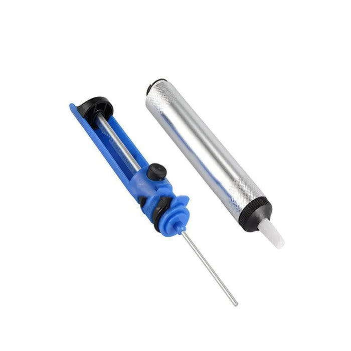 Blue manual solder sucker tool for desoldering electronics on a workbench