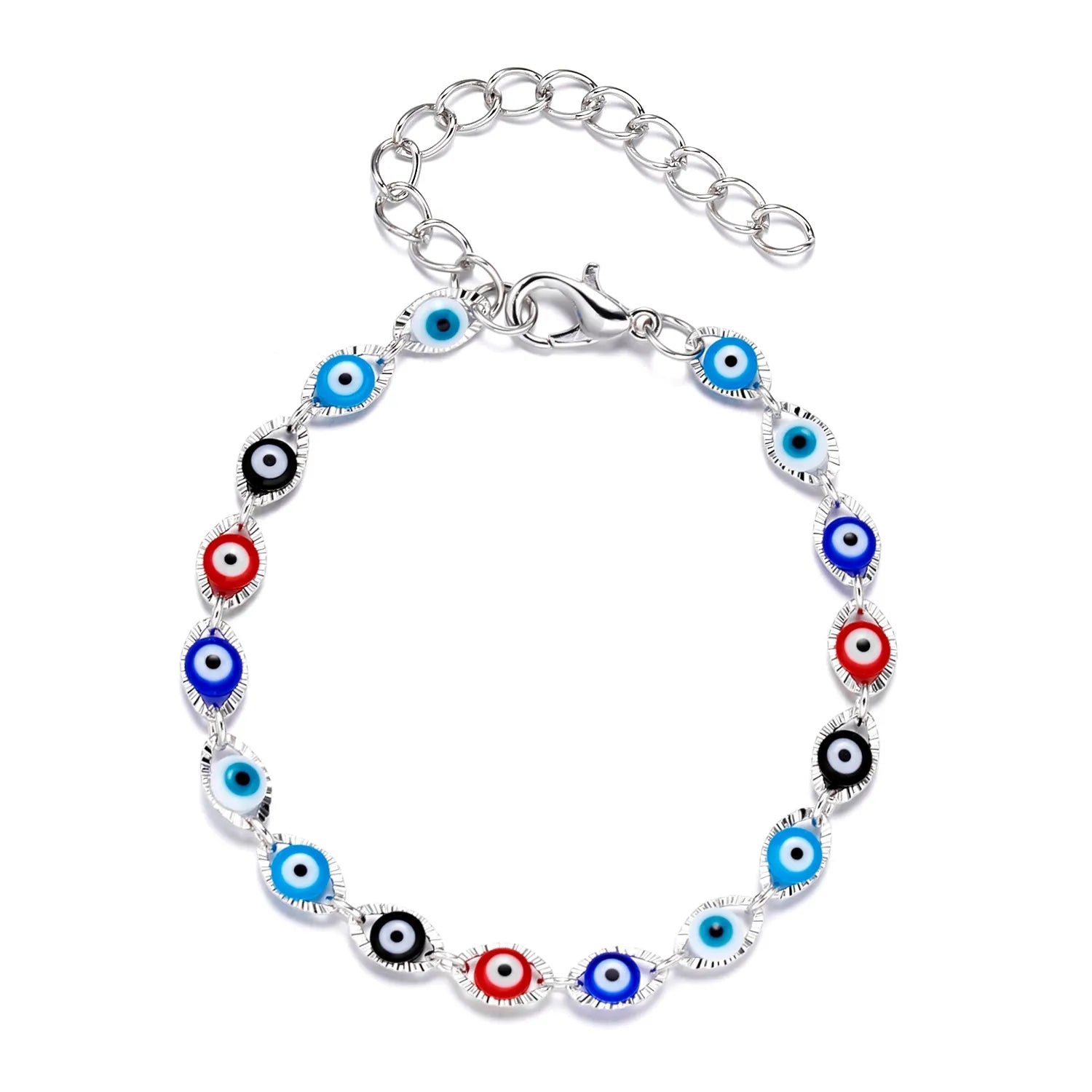 Handmade black string bracelet with evil eye charm and blue beads on a white background