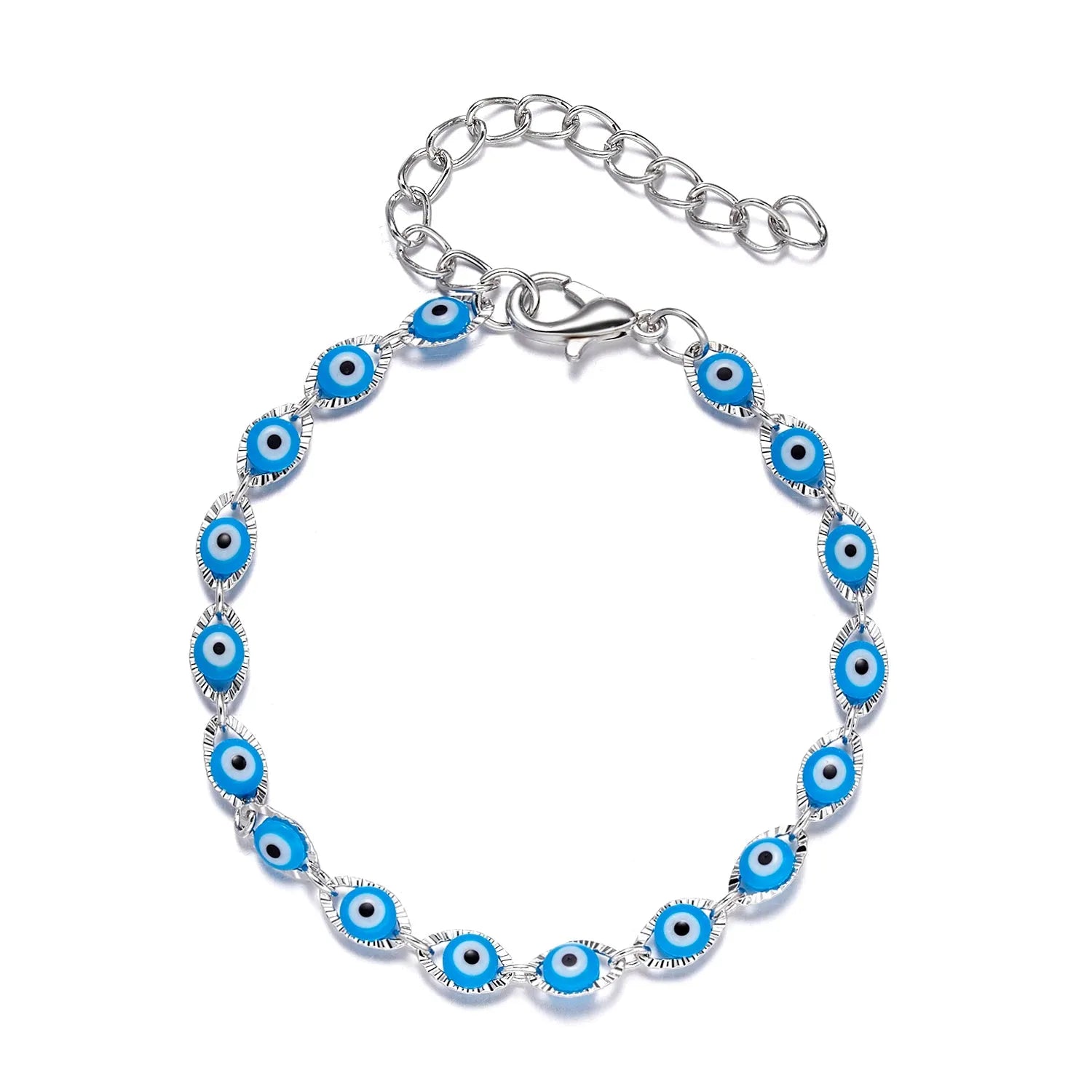 Handmade black string bracelet with evil eye charm and blue beads on a white background