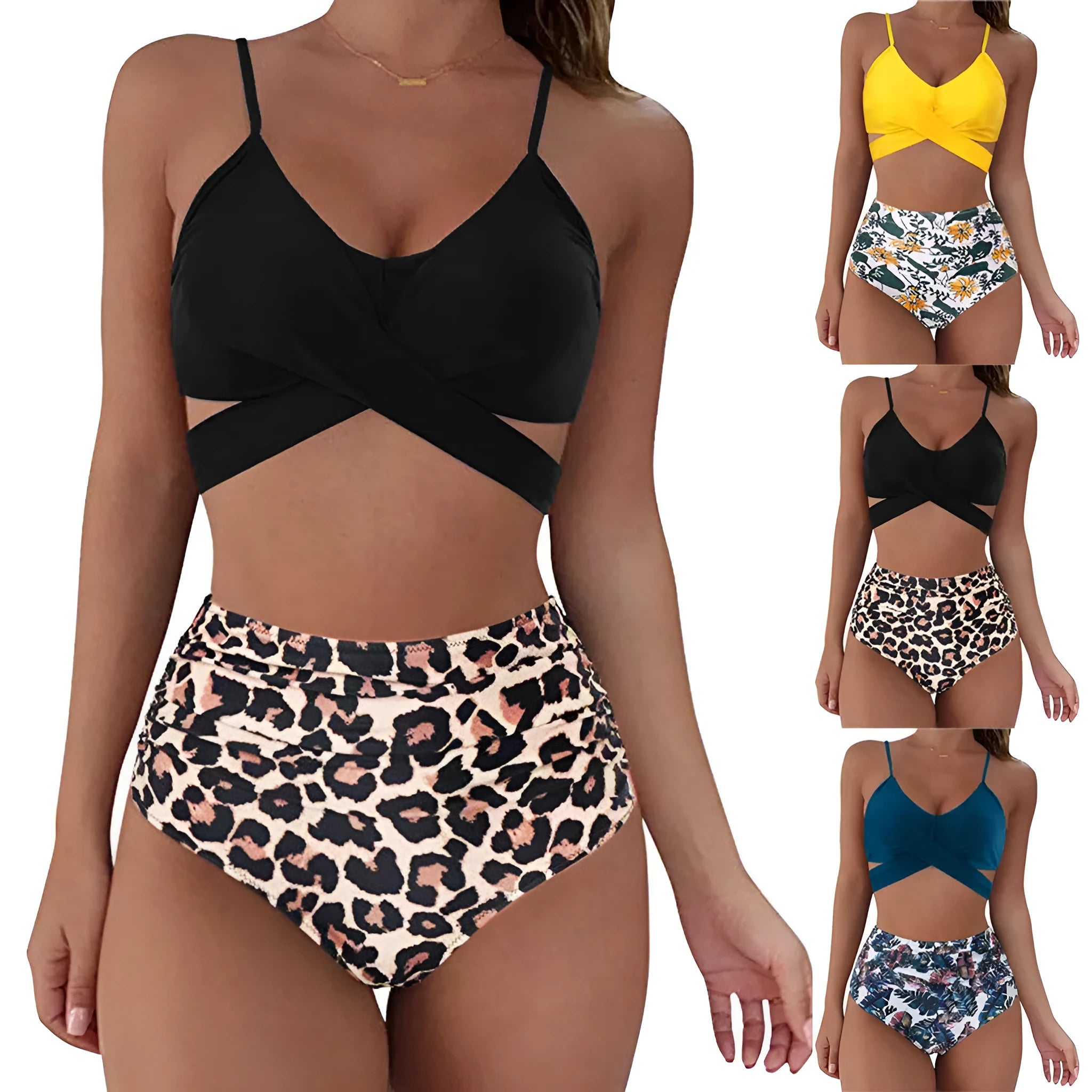 Women's solid print bikini set with push-up top and matching bottoms, leopard pattern, on a white background