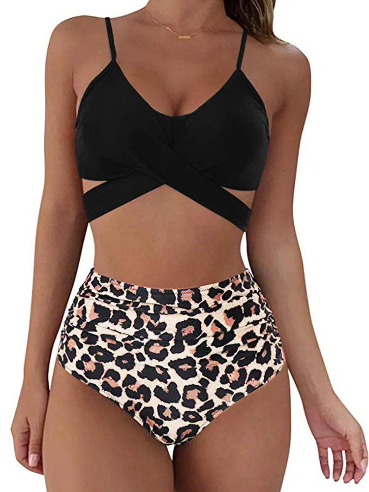 Women's solid print bikini set with push-up top and matching bottoms, leopard pattern, on a white background