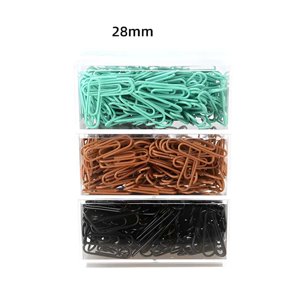 Mint green PVC coated metal paper clips in 28mm and 50mm sizes on white background