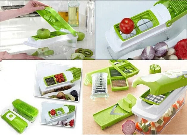 Green handheld manual food chopper with stainless steel blades on a white background.