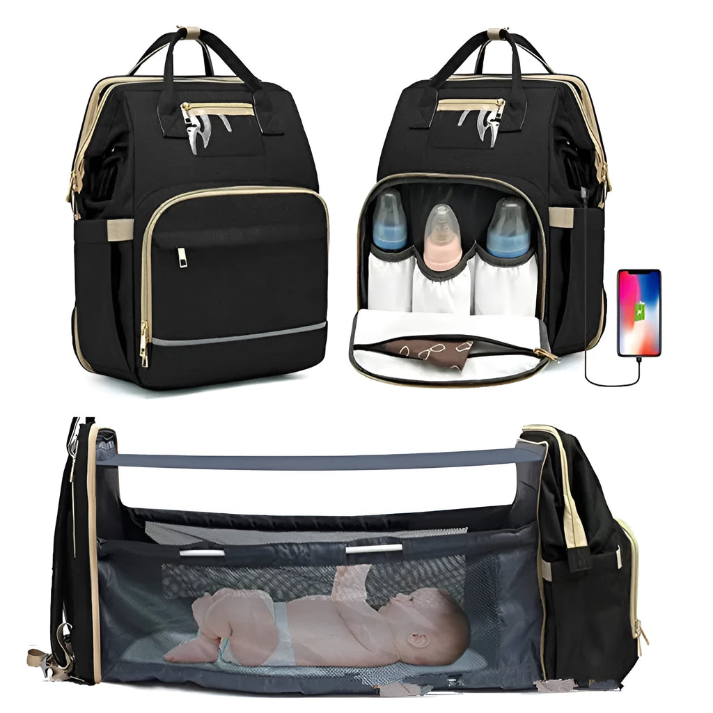 Large shell-shaped polyester mummy bag in black with three shoulder straps and soft handle