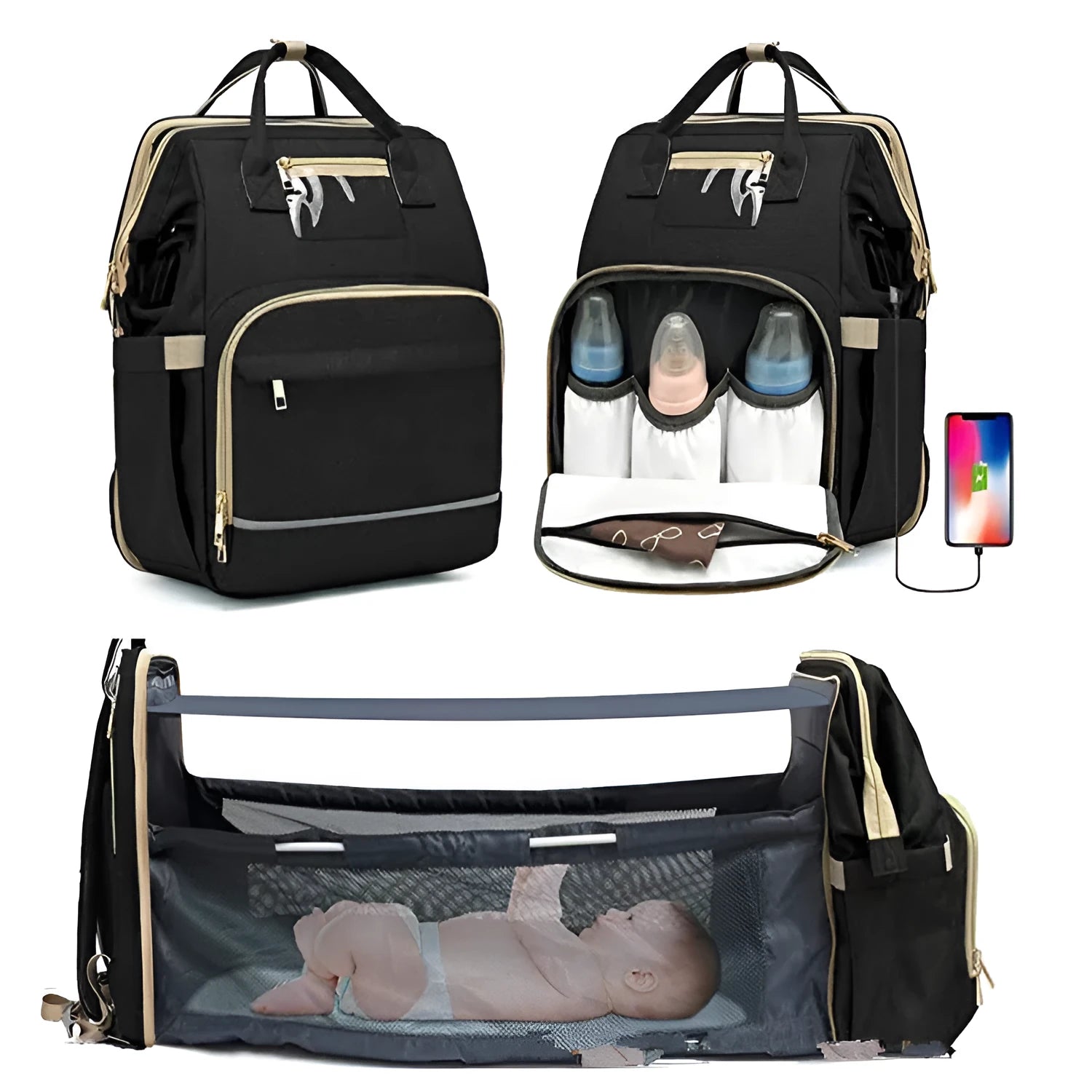 Large shell-shaped polyester mummy bag in black with three shoulder straps and soft handle