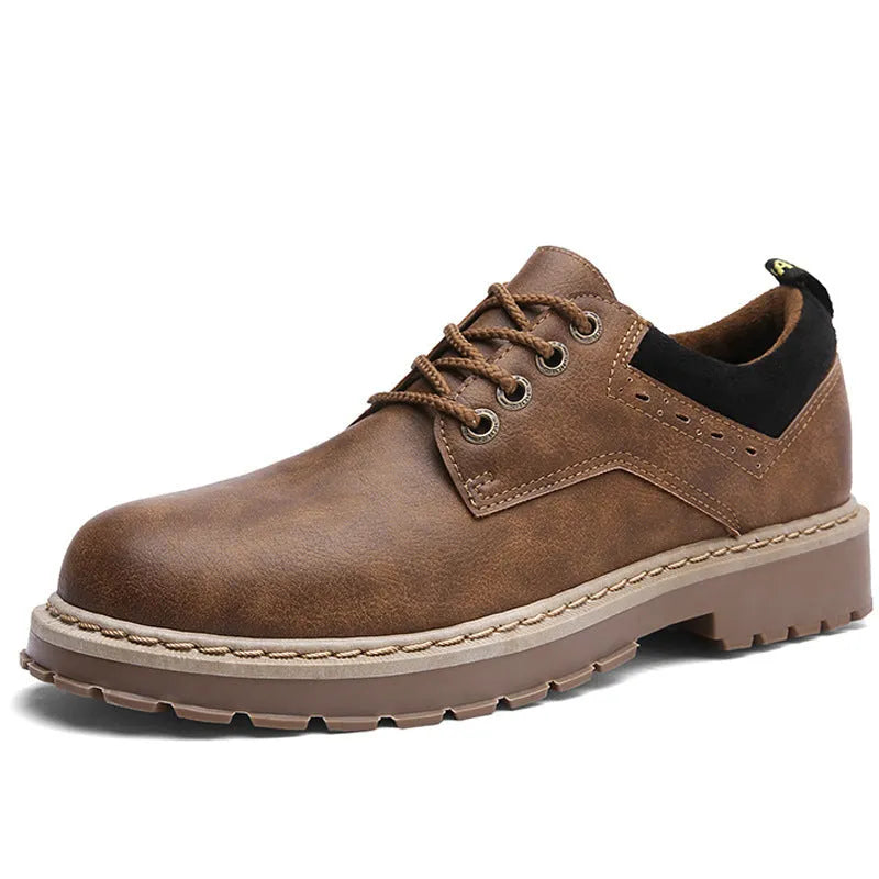 Men's round-toe casual shoes in brown with a plain artificial PU upper and flat rubber sole.