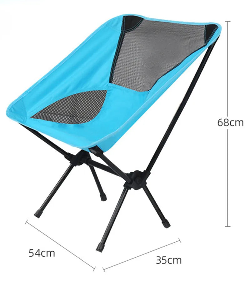 Ultralight folding camping chair in blue with iron frame and 600D Oxford cloth seat, folded for storage