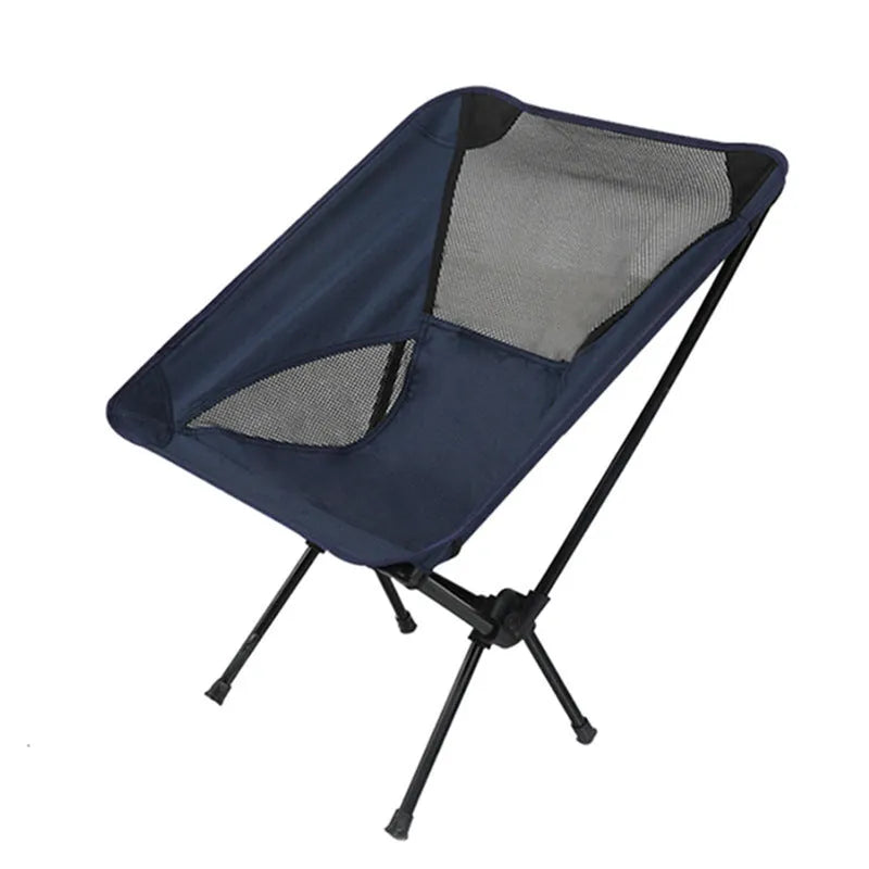 Ultralight folding camping chair in blue with iron frame and 600D Oxford cloth seat, folded for storage