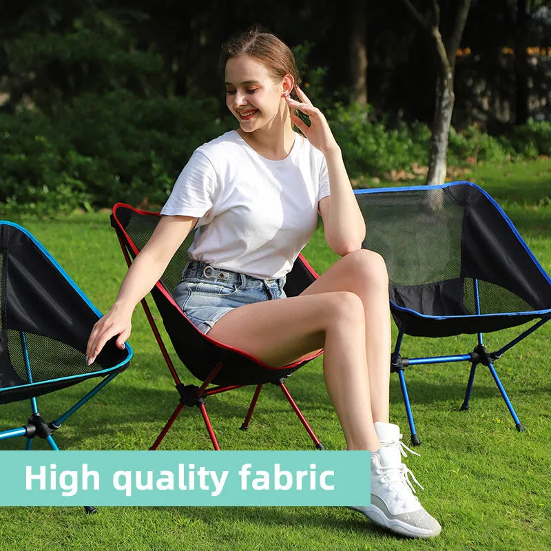 Ultralight folding camping chair in blue with iron frame and 600D Oxford cloth seat, folded for storage
