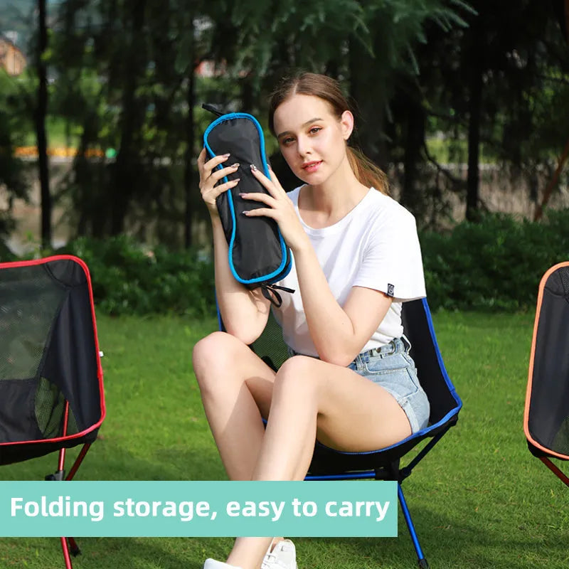 Ultralight folding camping chair in blue with iron frame and 600D Oxford cloth seat, folded for storage