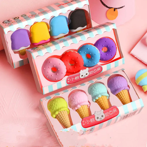 Cartoon eraser gift set with 12 pieces showing cone, ice cream, lollipop, and donut shapes