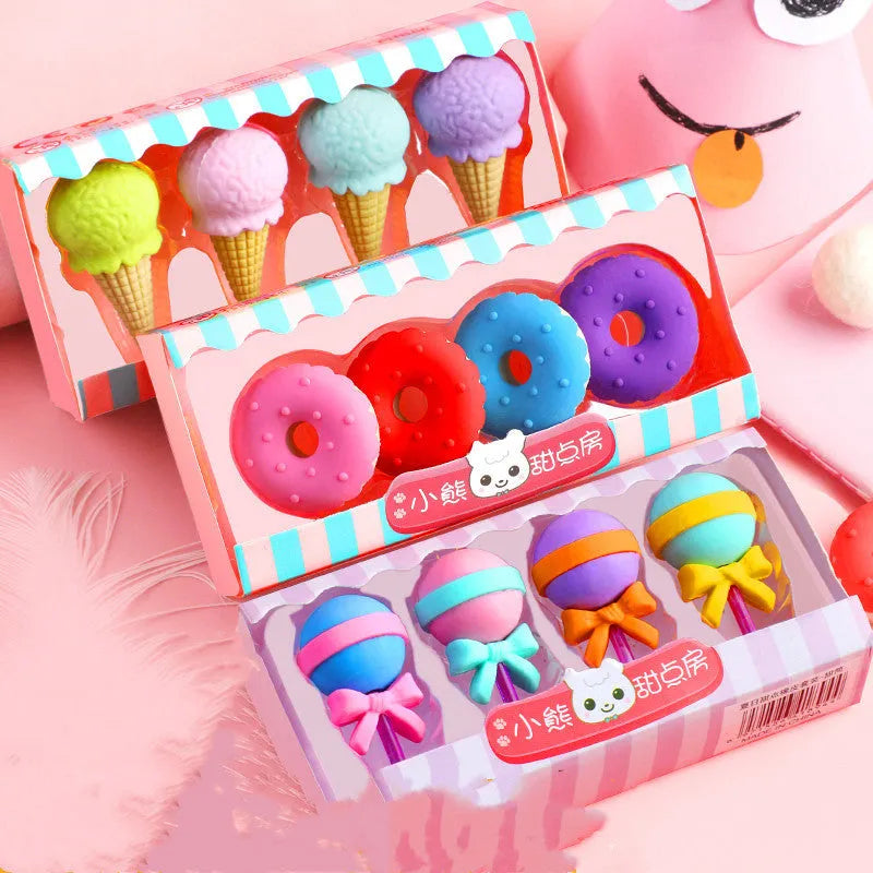 Set of 12 colourful cartoon food erasers including ice cream cones, donuts, and lollipops for children