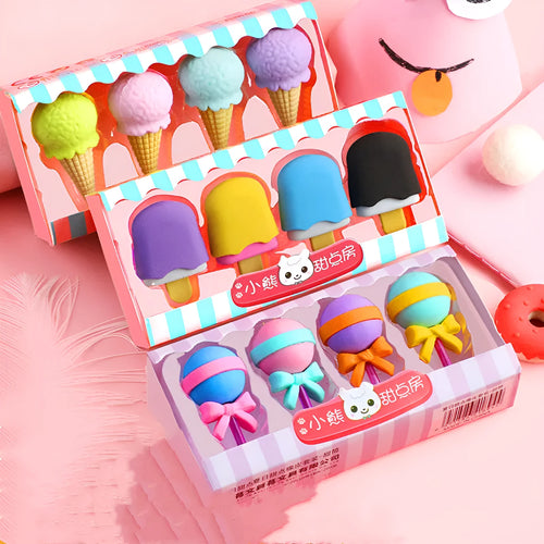Cartoon eraser gift set with 12 pieces showing cone, ice cream, lollipop, and donut shapes