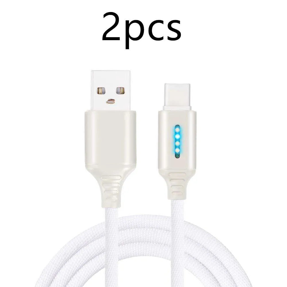 Fabric braided USB charging cable, 1 metre long, with connectors for phone and USB port.