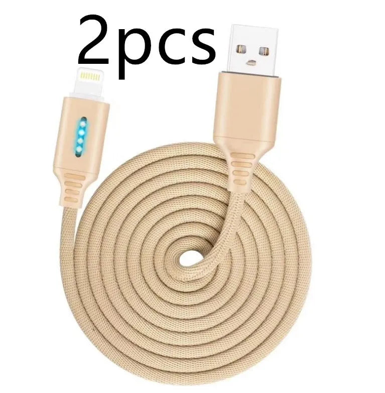 Fabric braided USB charging cable, 1 metre long, with connectors for phone and USB port.