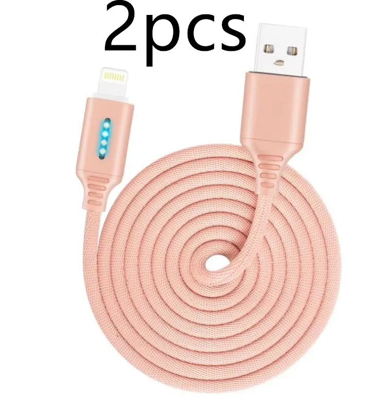 Fabric braided USB charging cable, 1 metre long, with connectors for phone and USB port.