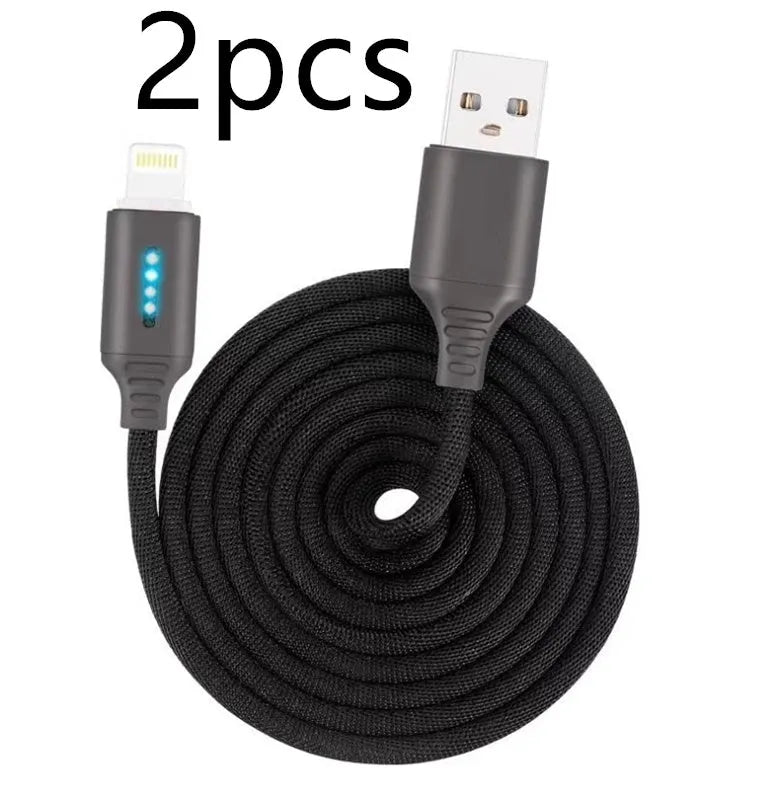 Fabric braided USB charging cable, 1 metre long, with connectors for phone and USB port.