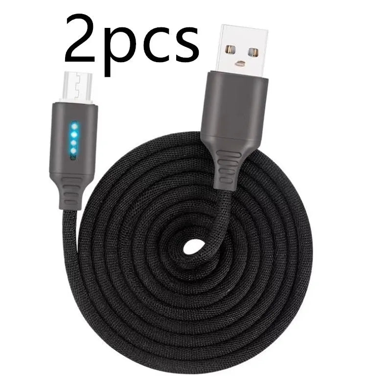 Fabric braided USB charging cable, 1 metre long, with connectors for phone and USB port.