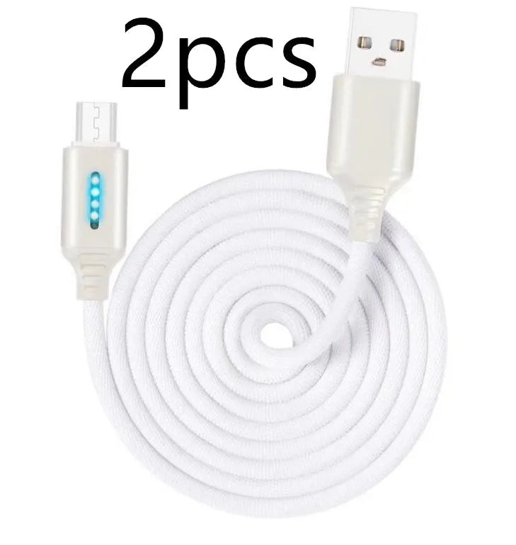 Fabric braided USB charging cable, 1 metre long, with connectors for phone and USB port.