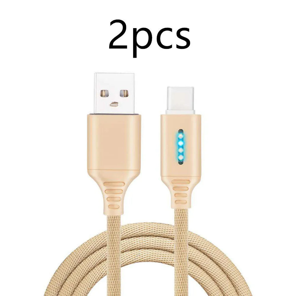 Fabric braided USB charging cable, 1 metre long, with connectors for phone and USB port.