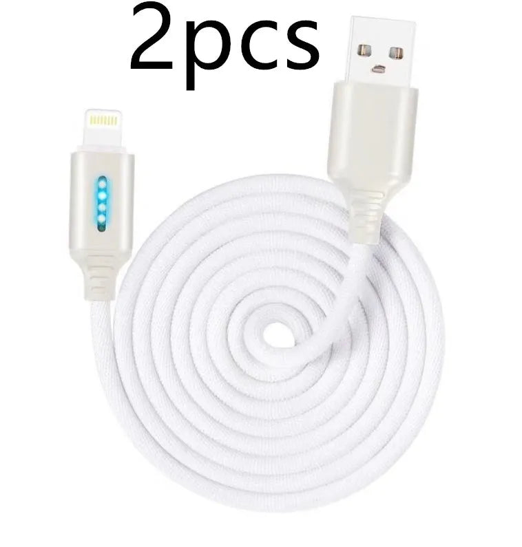 Fabric braided USB charging cable, 1 metre long, with connectors for phone and USB port.