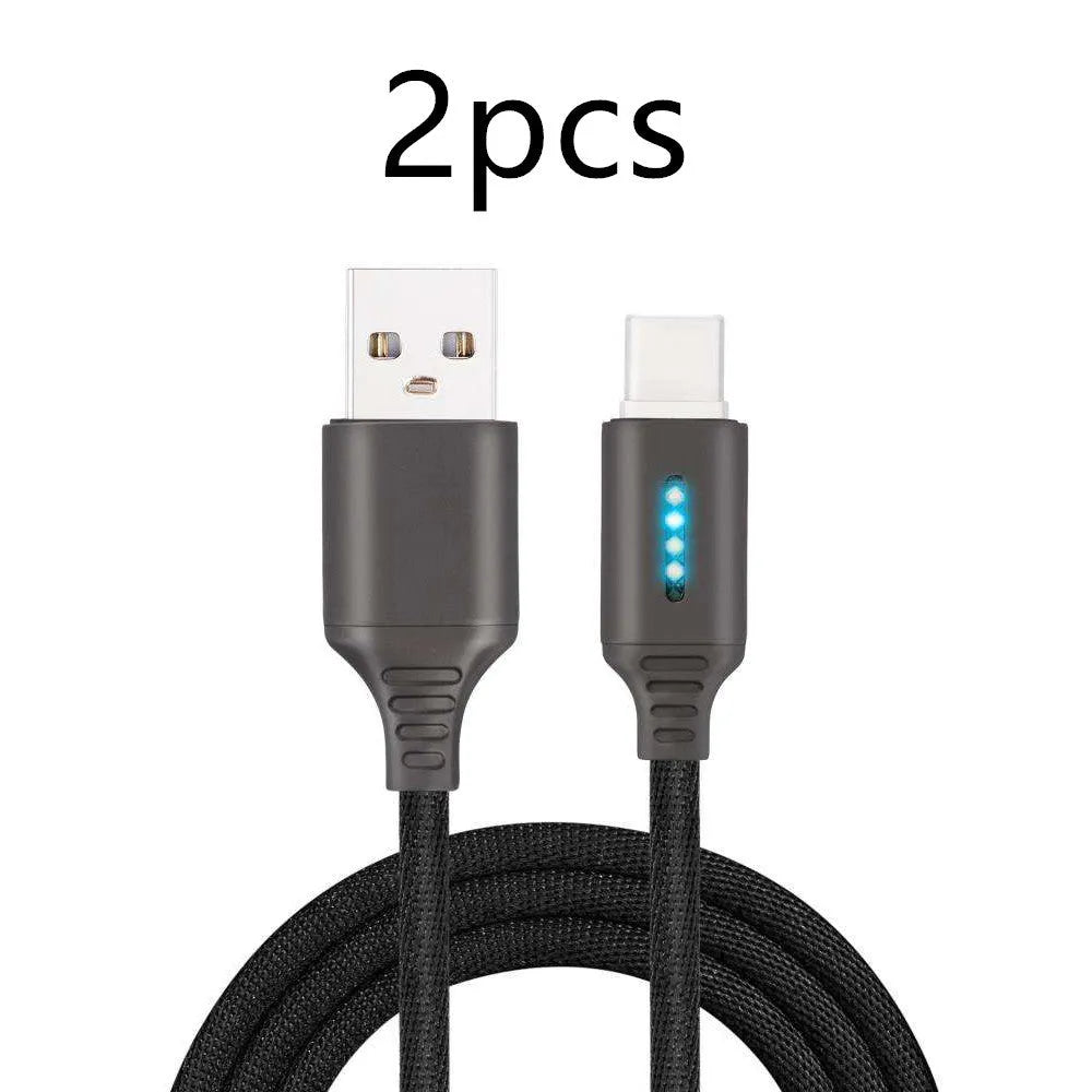 Fabric braided USB charging cable, 1 metre long, with connectors for phone and USB port.