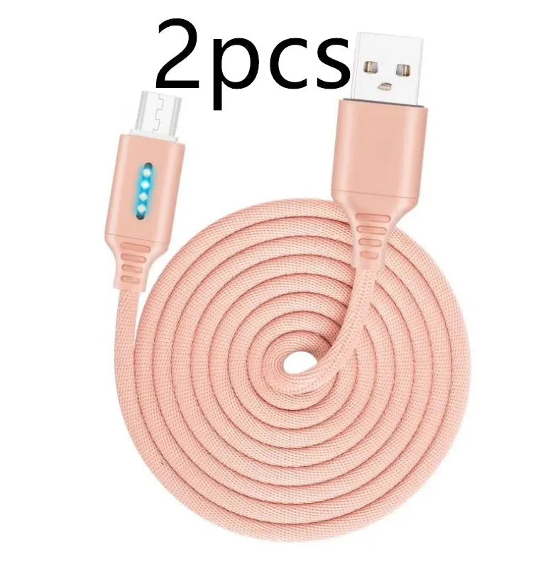 Fabric braided USB charging cable, 1 metre long, with connectors for phone and USB port.