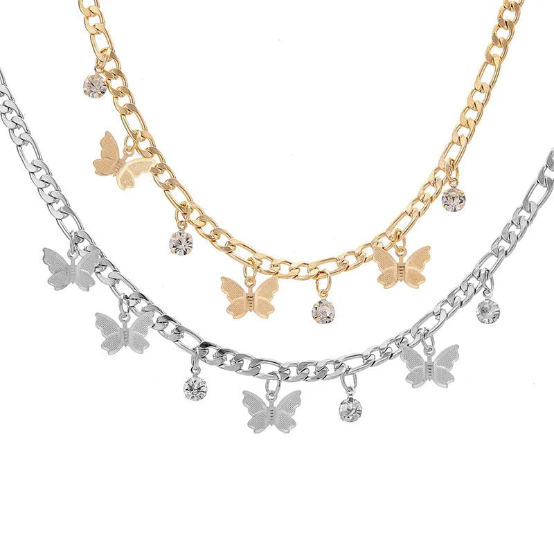 Butterfly necklace in gold or silver alloy with 40cm chain, 5cm extension, and unisex clavicle design.