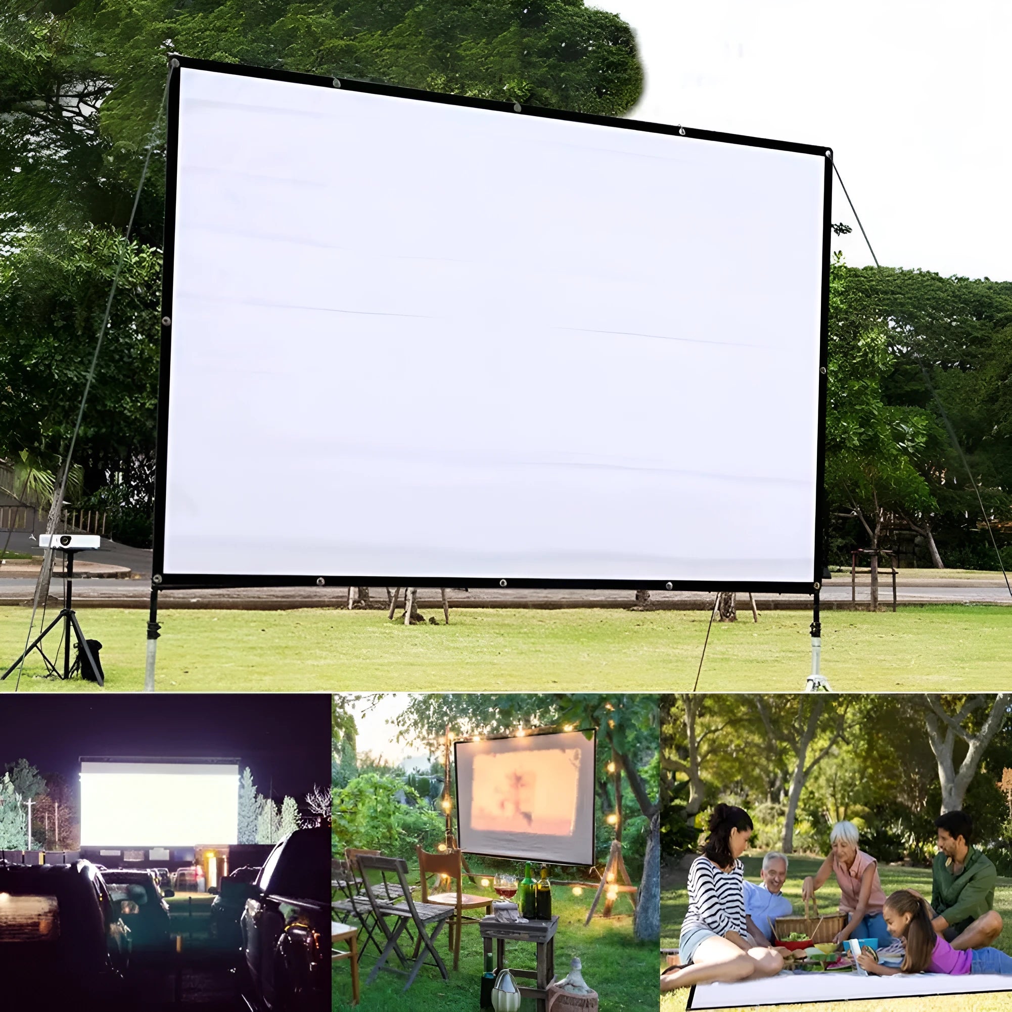 White polyester folding projection screen with 150-inch 4:3 display surface laid flat