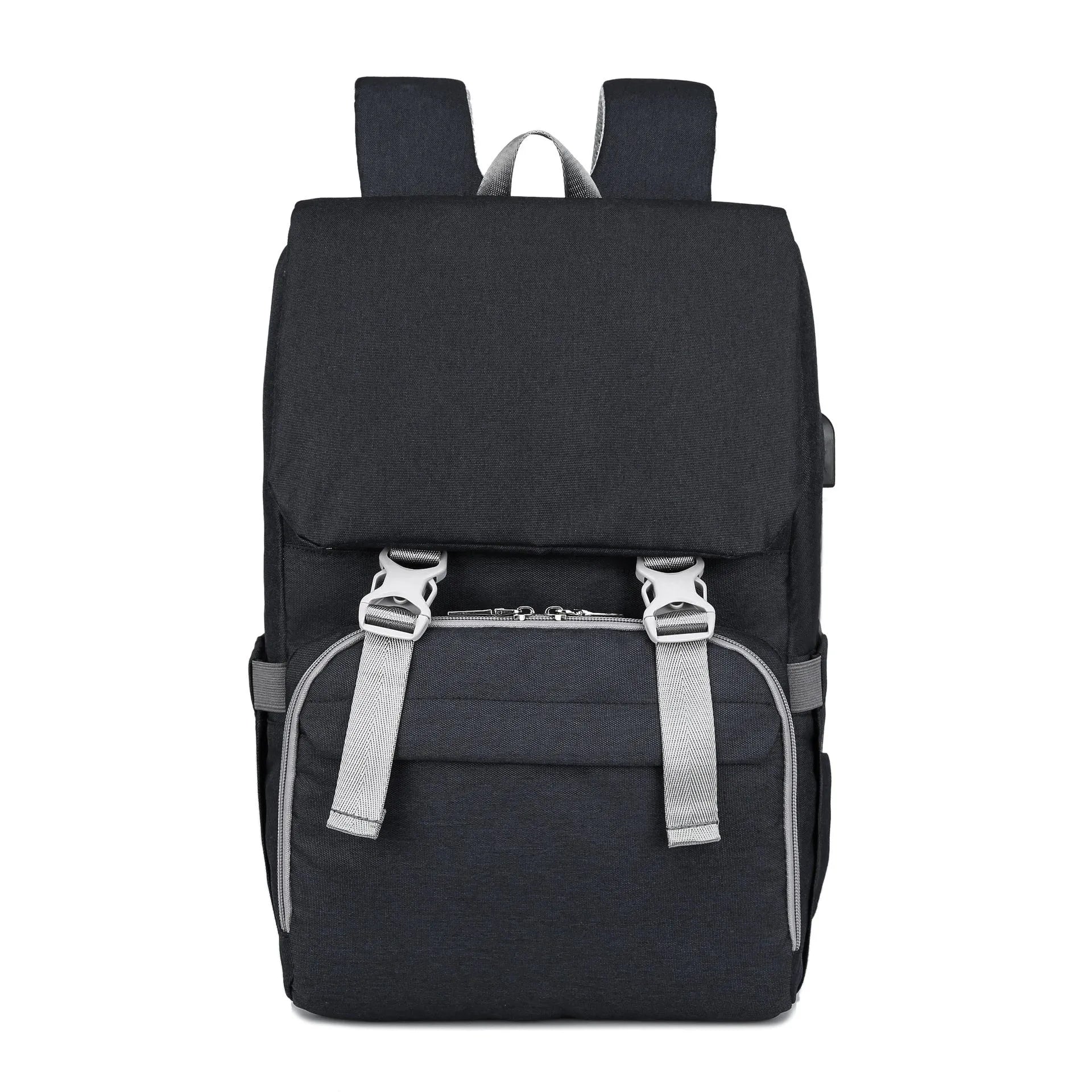 New style double shoulder mommy bag in black with USB port and large capacity