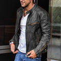 Mens punk motorcycle PU leather jacket with stand-up collar and zip front, loose fit, black