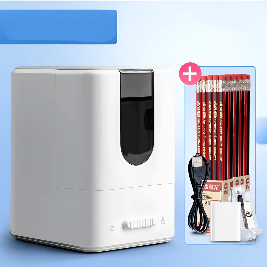 Chenguang electric automatic pencil sharpener in white with spare cutter holder power cord and batteries