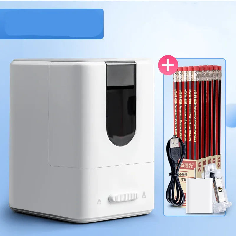 Chenguang electric automatic pencil sharpener in white with spare cutter holder power cord and batteries