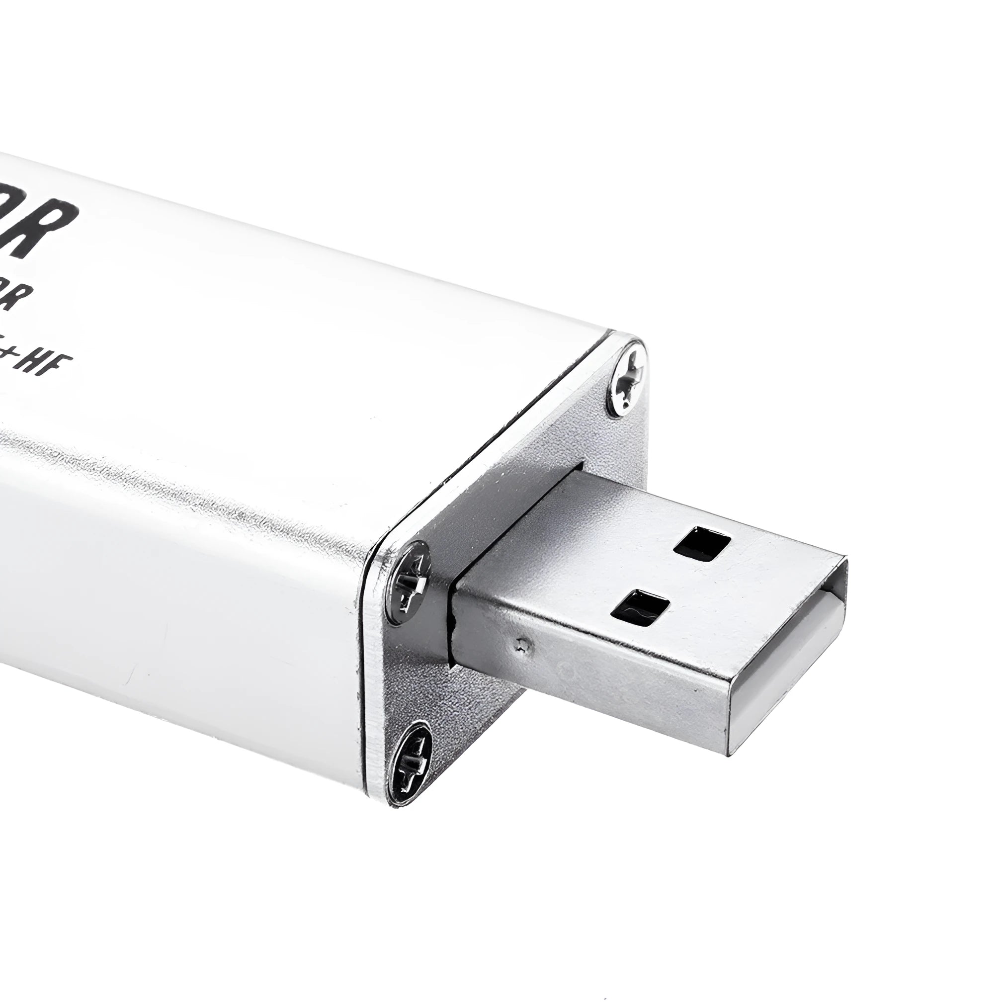 Black or white metal-cased all-band software radio receiver with a gold SMA connector for aviation and broadcast bands.