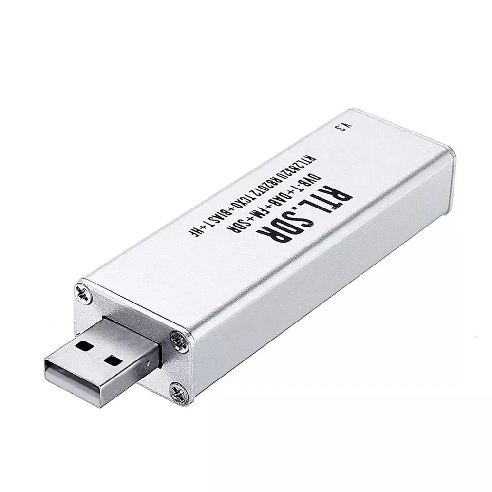 Black or white metal-cased all-band software radio receiver with a gold SMA connector for aviation and broadcast bands.