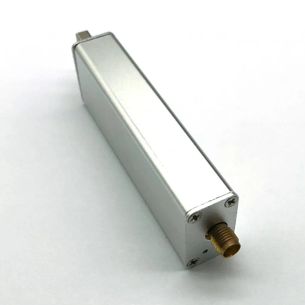 Black or white metal-cased all-band software radio receiver with a gold SMA connector for aviation and broadcast bands.