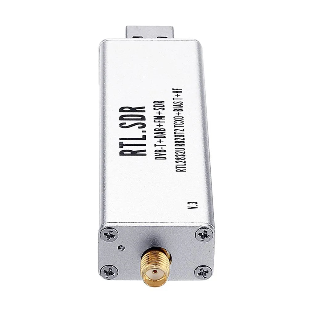 Black or white metal-cased all-band software radio receiver with a gold SMA connector for aviation and broadcast bands.