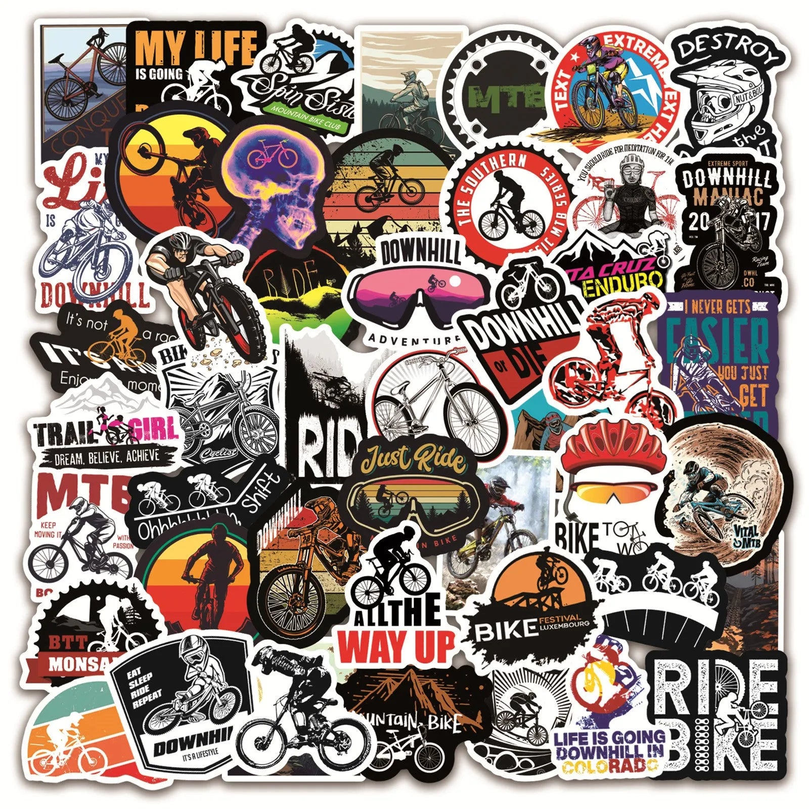 Pack of 50 bicycle and mountain bike themed self-adhesive decal stickers.