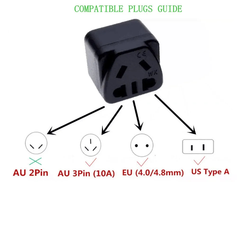 Square white international power adapter with five output sockets and a three-pin plug