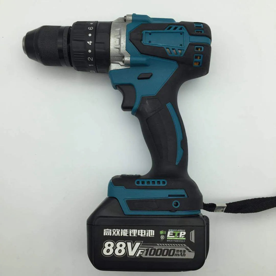 21V black and orange cordless impact drill with lithium battery on a workbench with drill bits