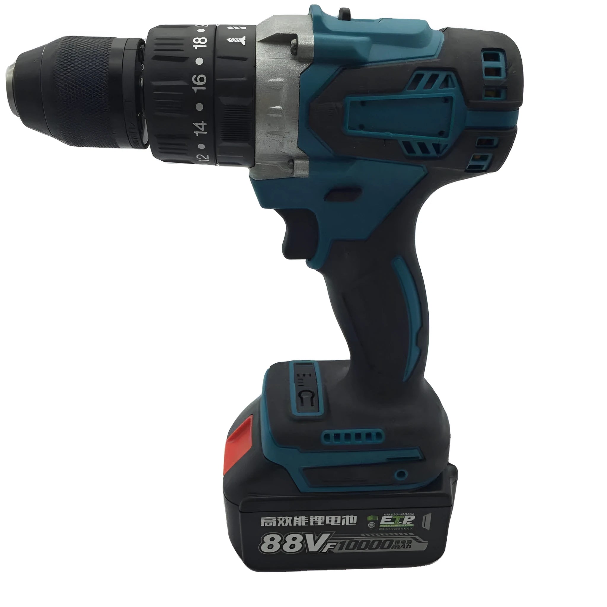 21V black and orange cordless impact drill with lithium battery on a workbench with drill bits