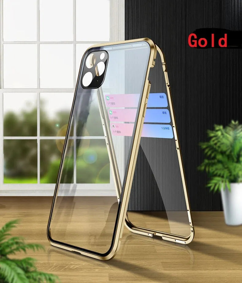 Double-sided tempered glass magnetic phone case with metal frame in black for iPhone 11