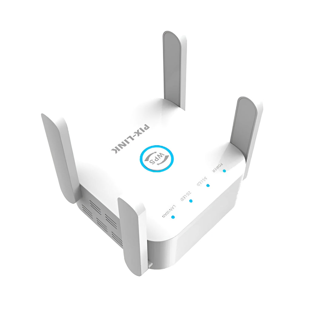 PIXLINK AC24 white and black dual-frequency wireless WiFi extender and router unit.