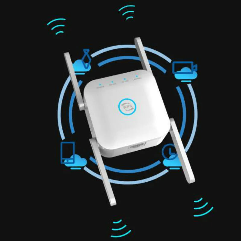 PIXLINK AC24 white and black dual-frequency wireless WiFi extender and router unit.