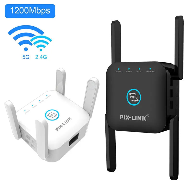 PIXLINK AC24 white and black dual-frequency wireless WiFi extender and router unit.
