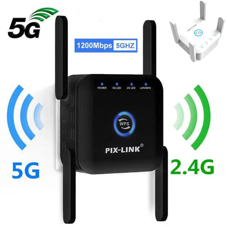 PIXLINK AC24 white and black dual-frequency wireless WiFi extender and router unit.